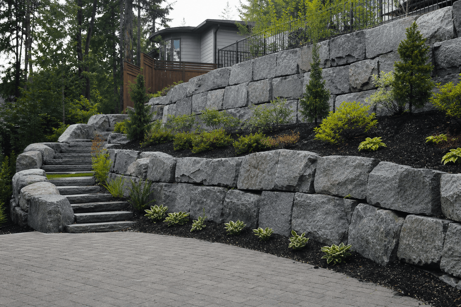 Natural stone retaining wall on a sloped Fraser Valley lot