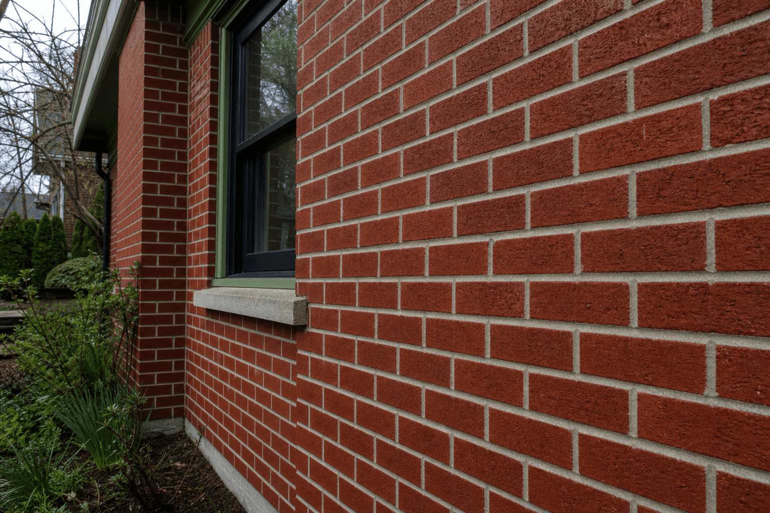 Freshly tuckpointed red brick wall on a BC home